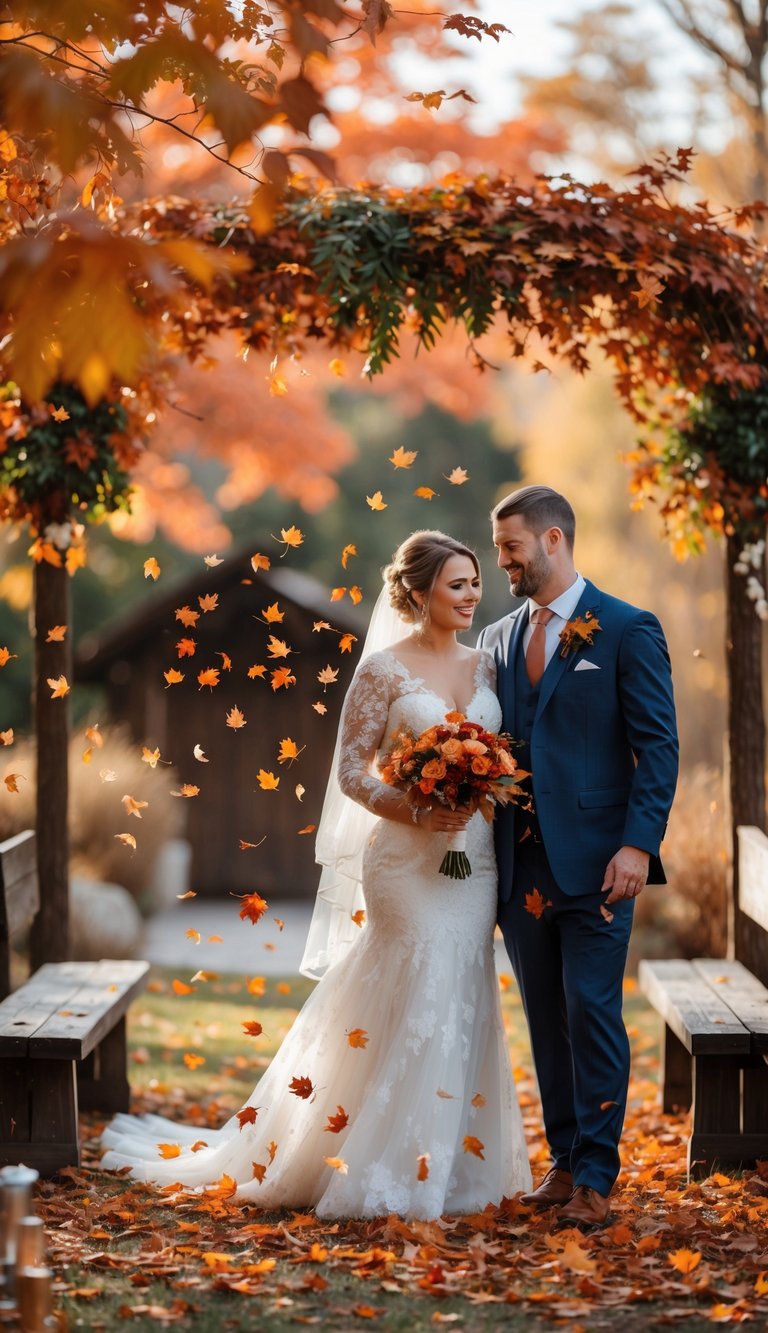 A bride and groom at an outdoor wedding with colorful autumn leaves falling around them.